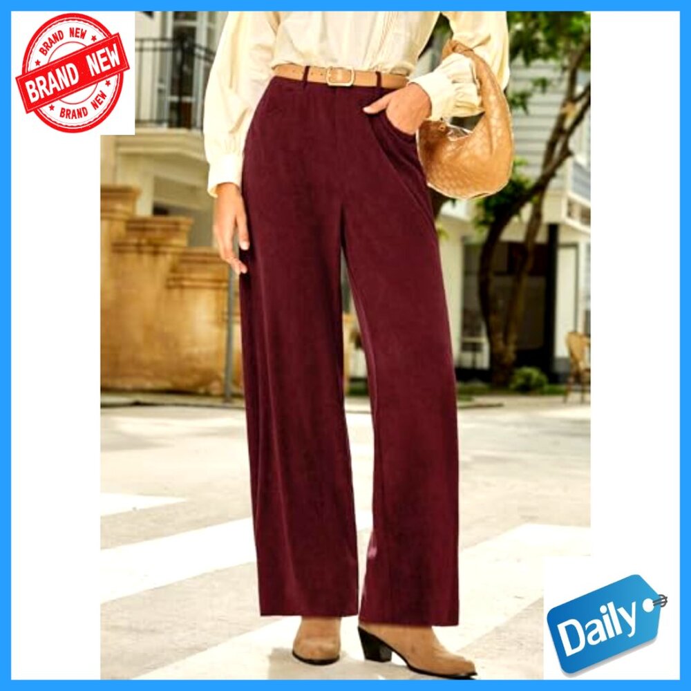 Women's Corduroy Wide Leg Pants High Waisted Elastic Waist Casual Trousers - Picture 4 of 7